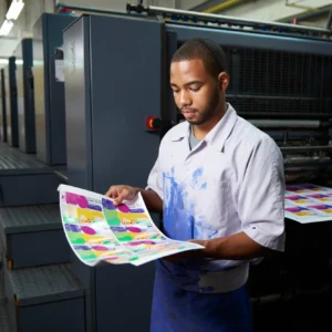 Printing press worker adjusting machine settings for accurate color printing
