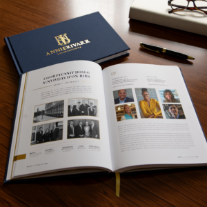 Custom corporate anniversary book printing with premium design for company milestones, history, and achievements