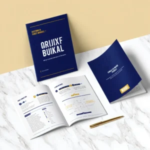 Premium printed booklet collection with navy and gold color scheme