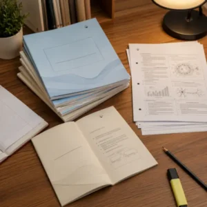 Class Notes Printings professionally printed class notes, study materials, and educational handouts arranged on a study desk with notebooks and academic resources.