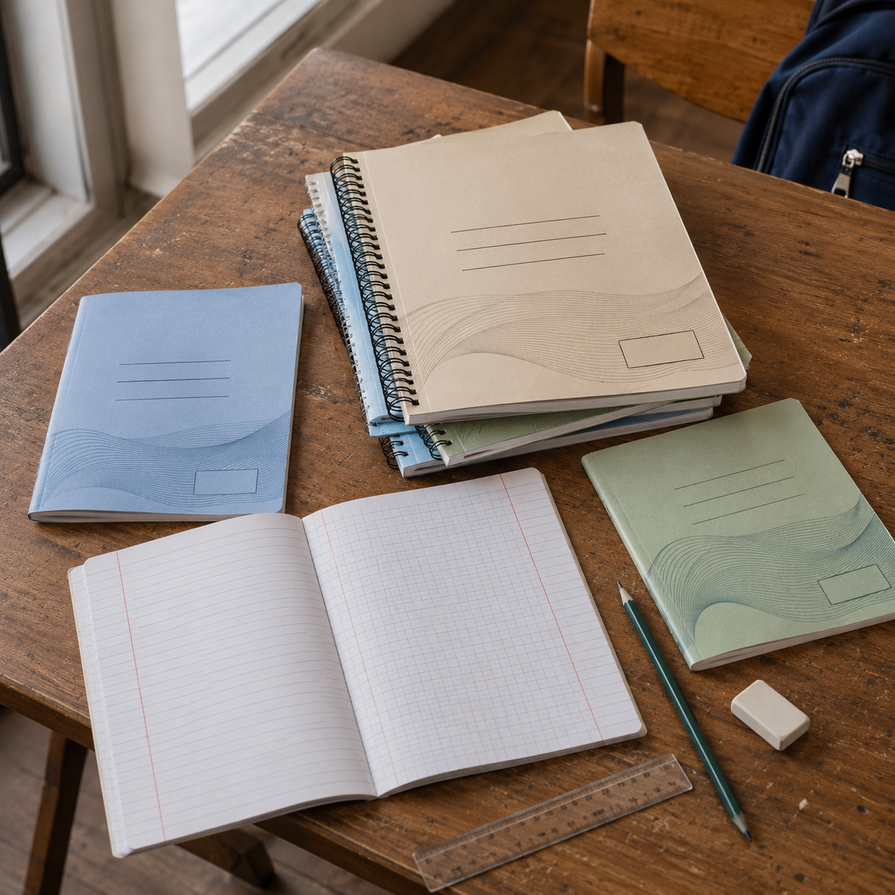 Exercise Books for Students high-quality notebooks and exercise books arranged on a classroom desk with writing supplies and study materials.