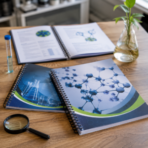 Science Fair Project Booklets professionally printed spiral-bound science project booklets displayed on a study desk with scientific diagrams, laboratory graphics, and research materials.