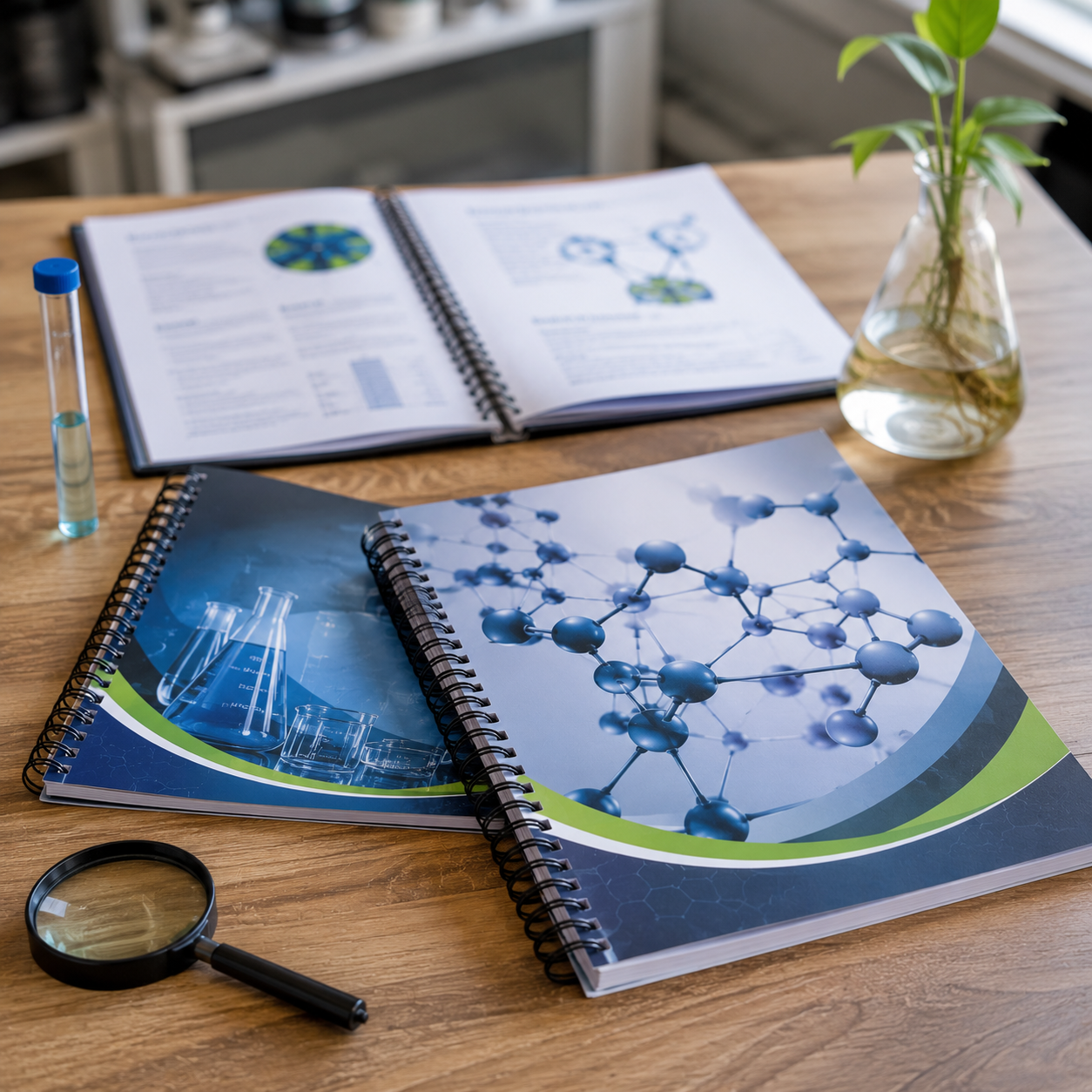 Science Fair Project Booklets professionally printed spiral-bound science project booklets displayed on a study desk with scientific diagrams, laboratory graphics, and research materials.