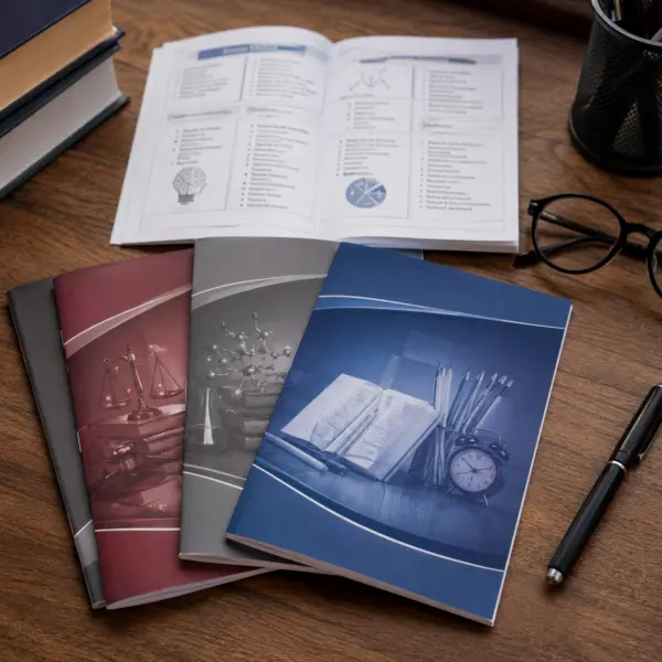 Syllabus Summary Booklets Printings educational booklet covers displayed on a study desk with open syllabus pages, pen, and reading glasses.