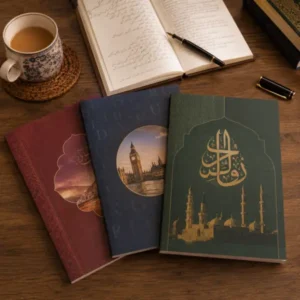 A professional lifestyle product image featuring three elegantly designed language learning guidebooks placed on a wooden desk. The scene includes an open notebook, fountain pen, and coffee cup in the background, creating a warm and focused study environment that highlights the quality and educational value of the Language Learning Guides Printings collection.