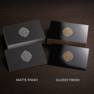 Matte finish business cards paired with glossy finish cards for comparison