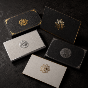 Premium printed cards with raised embossing and metallic foil highlights