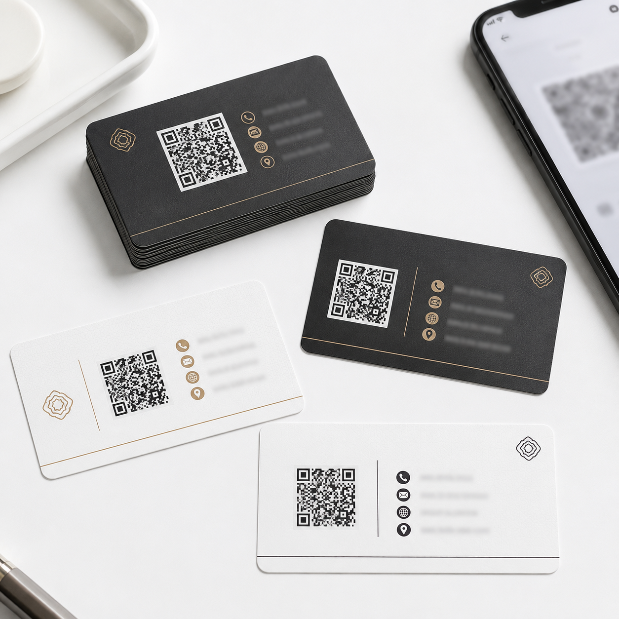 Custom printed QR code business cards with modern branding design