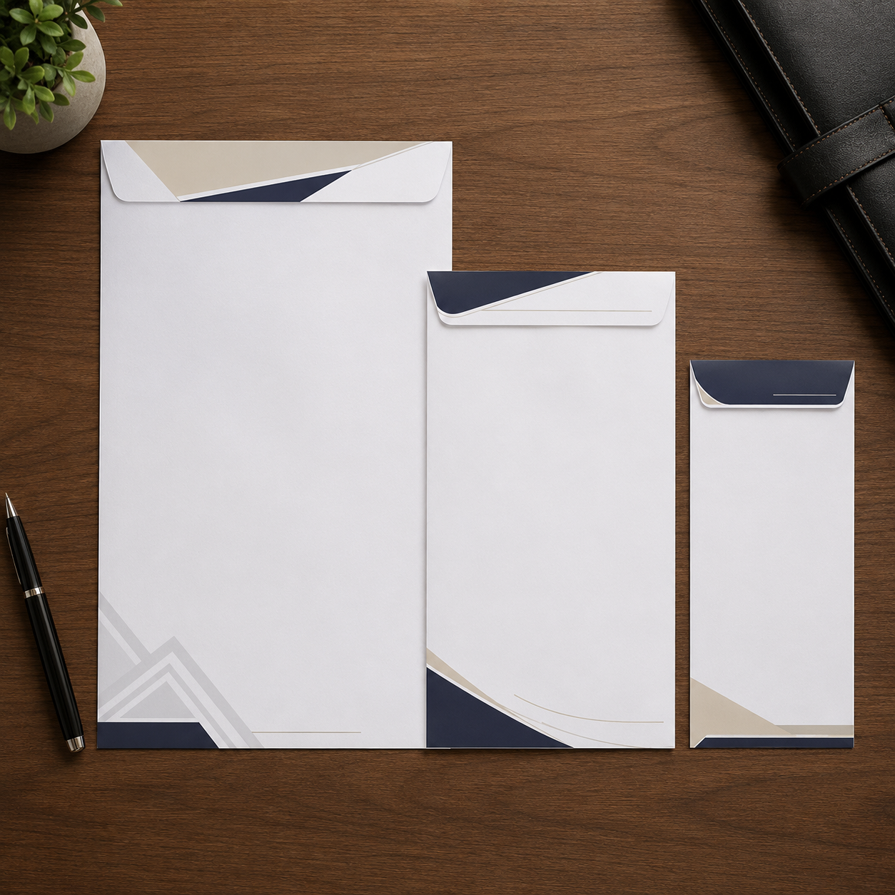 Corporate office envelopes featuring company logo and return address details