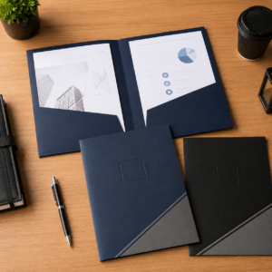 Custom two-pocket presentation folders with professional printing for document organization, branding, and business presentations