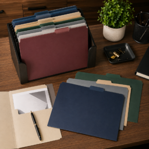"Custom tabbed folders for office use with professional printing and organized document filing system".